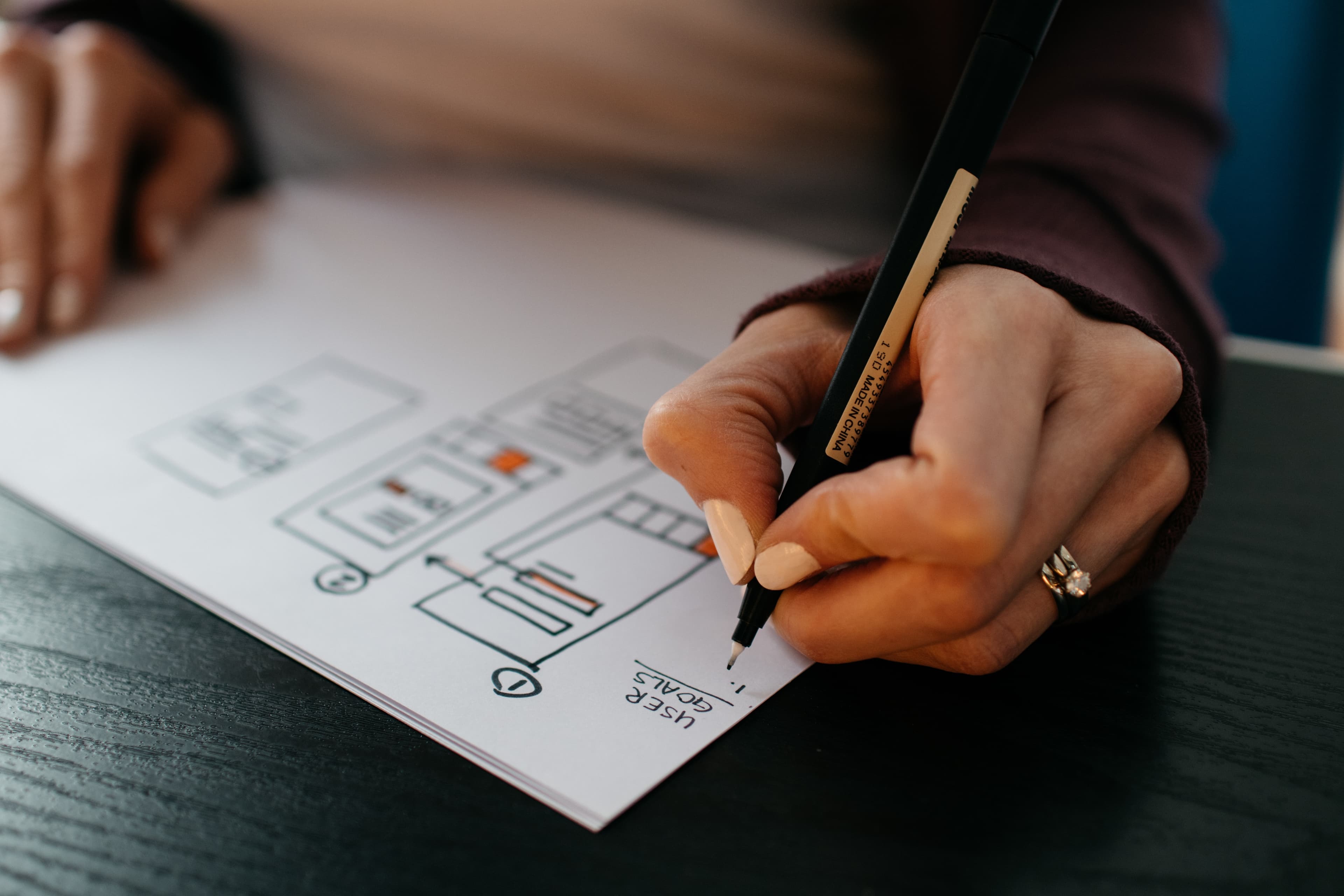 Eine Frau plant die User Journey einer App als Skizze auf Papier.